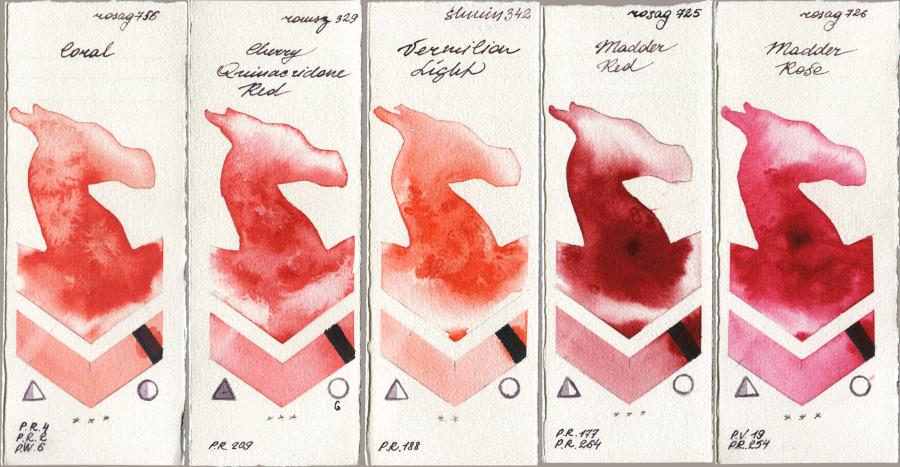 Rosa Gallery 756 Coral vs Roman Szmal Aquarius 329 Cherry Quinacridone Red vs Shminke Horadam Aquarell 342 Vermilion Light vs 725 Madder Red vs 726 Madder Rose watercolor swatch