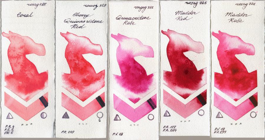 Rosa Gallery 756 Coral vs Roman Szmal Aquarius 329 Cherry Quinacridone Red vs Royal Talens Van Gogh Watercolour 366 Quinacridone Rose vs 725 Madder Red vs 726 Madder Rose watercolor swatch