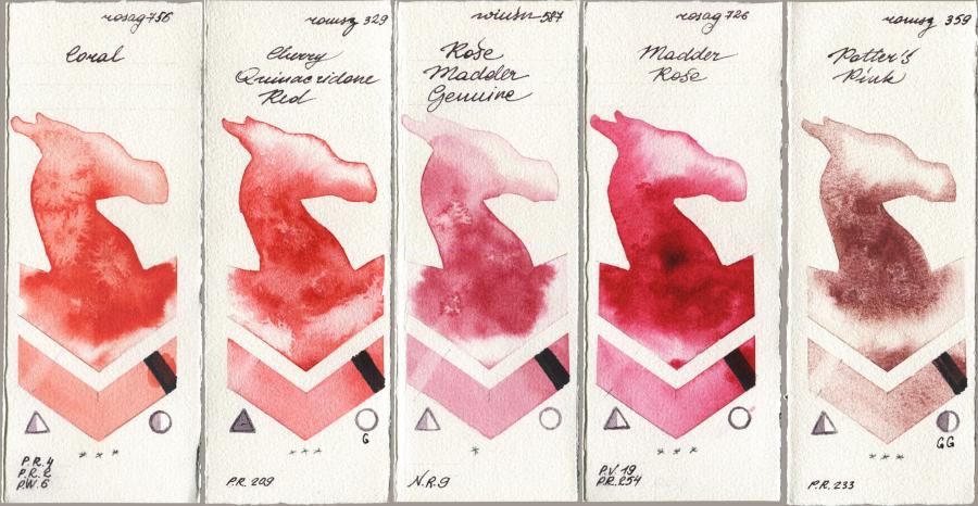 Rosa Gallery 756 Coral vs Roman Szmal Aquarius 329 Cherry Quinacridone Red vs Winsor & Newton Professional 587 Rose Madder Genuine vs 726 Madder Rose vs 359 Potters Pink watercolor swatch