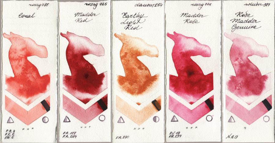 Rosa Gallery 756 Coral vs 725 Madder Red vs Daniel Smith 254 Earthy Light Red vs 726 Madder Rose vs Winsor & Newton Professional 587 Rose Madder Genuine watercolor swatch