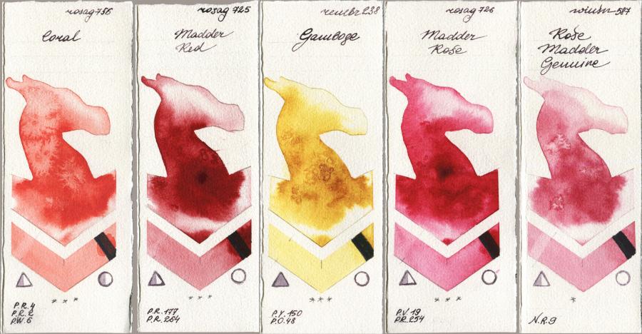 Rosa Gallery 756 Coral vs 725 Madder Red vs Royal Talens Rembrandt Watercolour 238 Gamboge vs 726 Madder Rose vs Winsor & Newton Professional 587 Rose Madder Genuine watercolor swatch