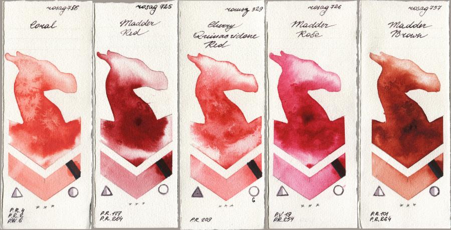 Rosa Gallery 756 Coral vs 725 Madder Red vs Roman Szmal Aquarius 329 Cherry Quinacridone Red vs 726 Madder Rose vs 757 Madder Brown watercolor swatch