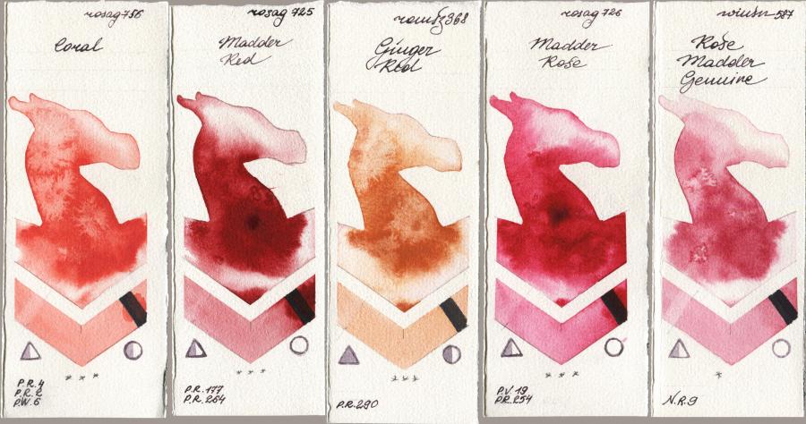 Rosa Gallery 756 Coral vs 725 Madder Red vs Roman Szmal Aquarius 368 Genger Red vs 726 Madder Rose vs Winsor & Newton Professional 587 Rose Madder Genuine watercolor swatch