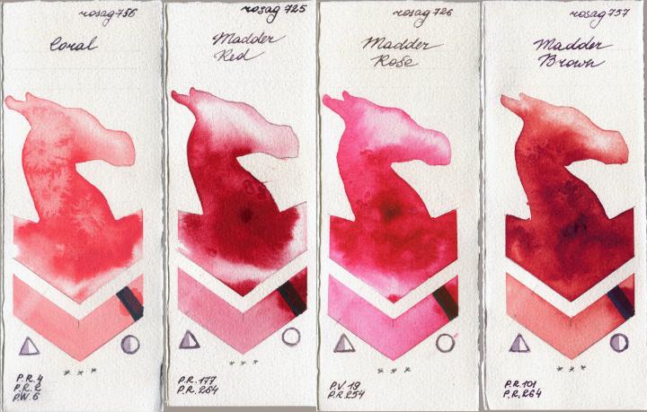 Rosa Gallery 756 Coral vs 725 Madder Red vs 726 Madder Rose vs 757 Madder Brown watercolor swatch