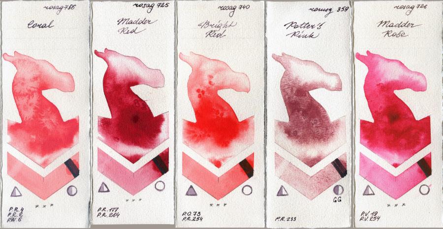 Rosa Gallery 756 Coral vs 725 Madder Red vs 740 Bright Red vs Roman Szmal Aquarius 359 Potters Pink vs 726 Madder Rose watercolor swatch