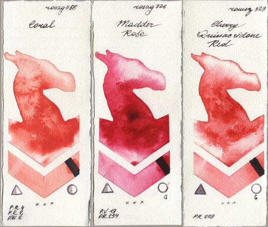 Rosa Gallery 756 Coral, 726 Madder Rose, Roman Szmal Aquarius 329 Cherry Quinacridone R watercolor swatch