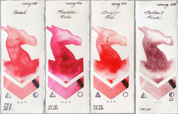 Rosa Gallery 756 Coral vs 726 Madder Rose vs 740 Bright Red vs Roman Szmal Aquarius 359 Potters Pink watercolor swatch