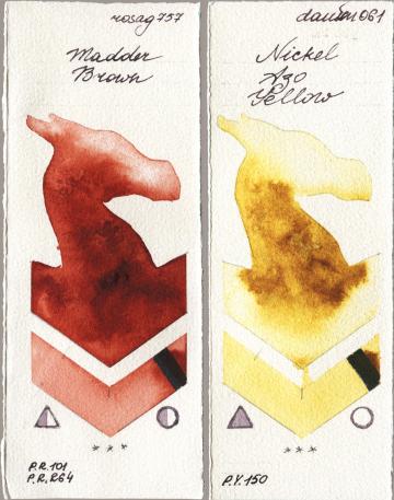 Rosa Gallery 757 Madder Brown vs Daniel Smith 061 Nickel Azo Yellow watercolor swatch
