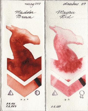 Rosa Gallery 757 Madder Brown, Daniel Smith 217 Mayan R watercolor swatch