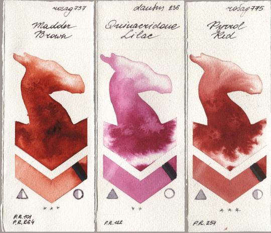 Rosa Gallery 757 Madder Brown, Daniel Smith 236 Quinacridone Lilac, 775 Pyrrole R watercolor swatch