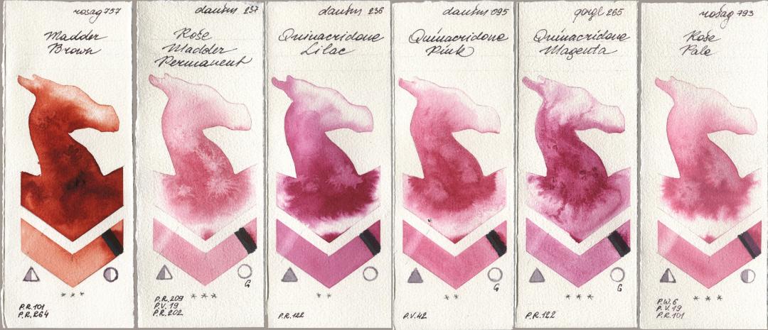 Rosa Gallery 757 Madder Brown, Daniel Smith 237 Rose Madder Permanent, 236 Quinacridone Lilac, 095 Quinacridone Pink, Golden QOR 265 Quinacridone Magenta, 793 Rose Pa watercolor swatch