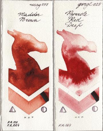 Rosa Gallery 757 Madder Brown, Golden QOR 225 Pyrrole Red De watercolor swatch