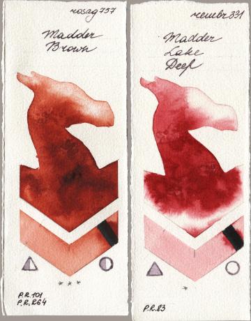 Rosa Gallery 757 Madder Brown, Royal Talens Rembrandt Watercolour 331 Madder Lake De watercolor swatch