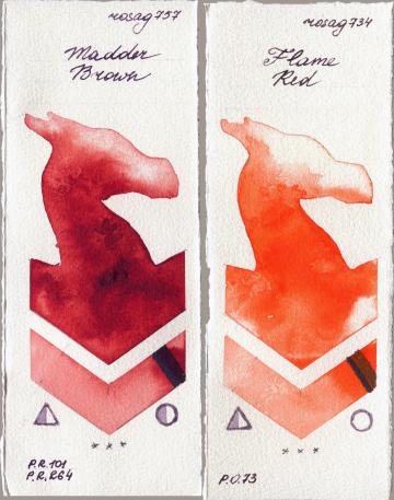 Rosa Gallery 757 Madder Brown vs 734 Flame Red watercolor swatch