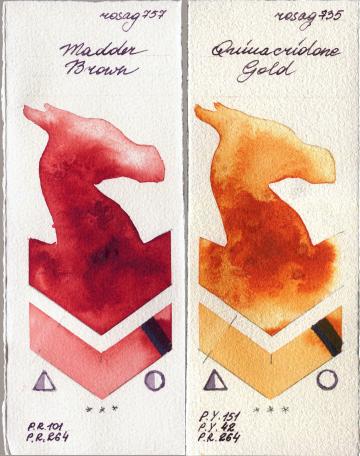 Rosa Gallery 757 Madder Brown vs 735 Quinacridone Gold watercolor swatch