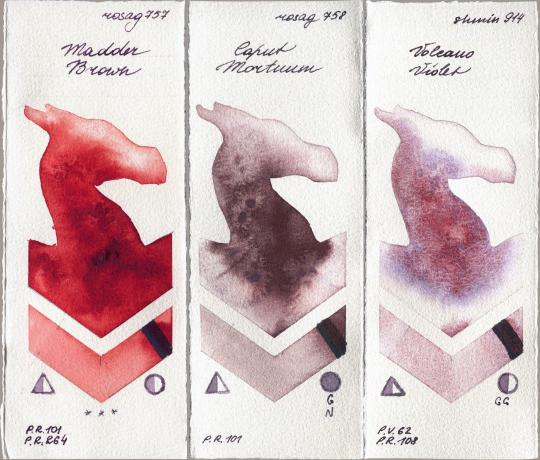 Rosa Gallery 757 Madder Brown vs 758 Caput Mortuum vs Shminke Horadam Aquarell 914 Volcano Violet watercolor swatch
