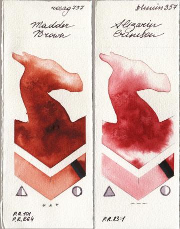Rosa Gallery 757 Madder Brown, Shminke Horadam Aquarell 357 Alizarin Crims watercolor swatch