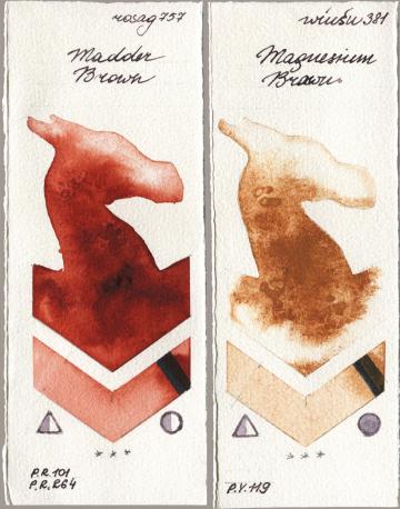 Rosa Gallery 757 Madder Brown vs Winsor & Newton Professional 381 Magnesuim Brown watercolor swatch