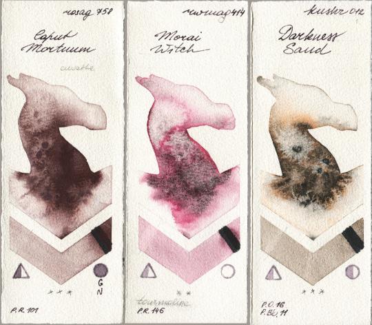 Rosa Gallery 758 Caput Mortuum vs Rockwell 414 Morai Witch vs Kusakabe 012 Darkness Sand watercolor swatch