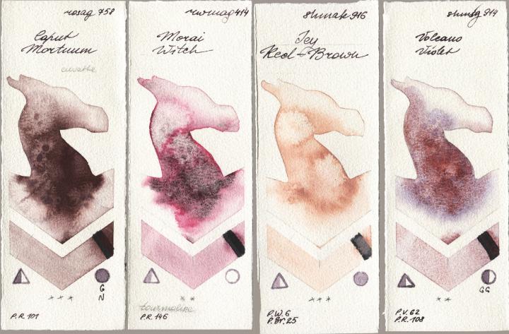 Rosa Gallery 758 Caput Mortuum vs Rockwell 414 Morai Witch vs Shminke Akademie Aquarell 916 Icy Red-Brown vs Shminke Horadam Aquarell 914 Volcano Violet watercolor swatch