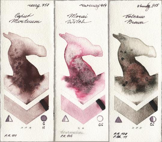 Rosa Gallery 758 Caput Mortuum, Rockwell 414 Morai Witch, Shminke Horadam Aquarell 915 Volcano Bro watercolor swatch