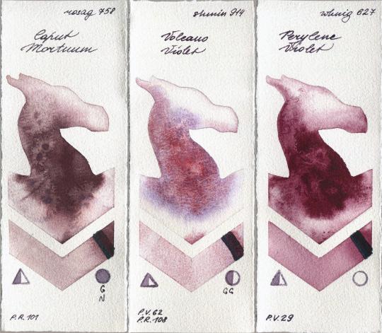 Rosa Gallery 758 Caput Mortuum vs Shminke Horadam Aquarell 914 Volcano Violet vs  627 Perylene Violet watercolor swatch