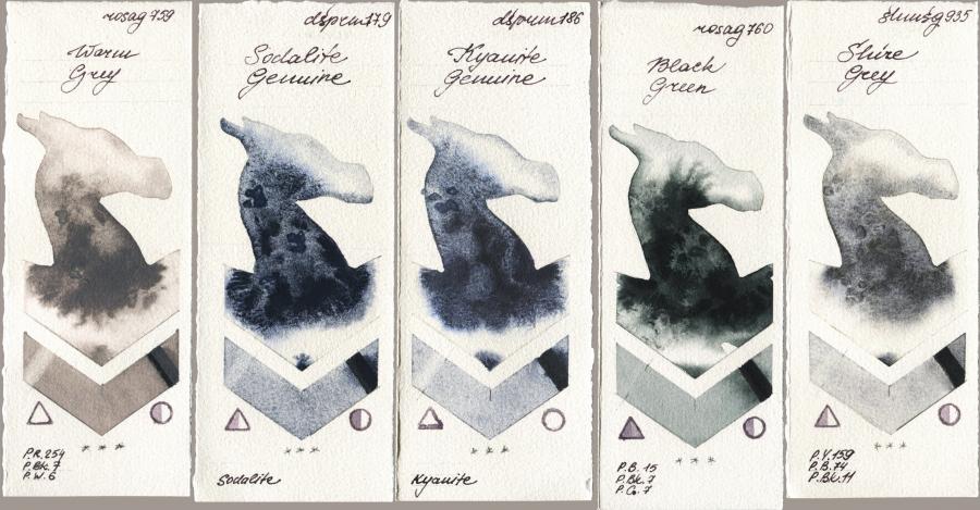 Rosa Gallery 759 Warm Grey vs Daniel Smith 179 Sodalite Genuine vs 186 Kyanite Genuine vs 760 Black Green vs Shminke Horadam Aquarell 935 Shire Grey watercolor swatch