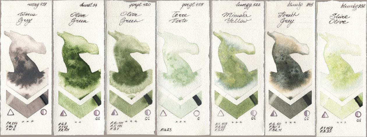 Rosa Gallery 759 Warm Grey, Kuretake Gansai Tambi 054 Olive Green, Golden QOR 420 Olive Green, 405 Terre Verte, Holbein Artists Watercolor 522 Mimosa Yellow, Shminke Horadam Aquarell 945 Forest Grey, 932 Shire Oli watercolor swatch