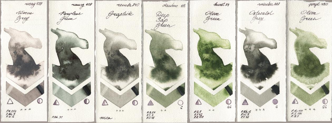 Rosa Gallery 759 Warm Grey, Roman Szmal Aquarius 409 Perylene Green, Royal Talens Rembrandt Watercolour 840 Graphite, Daniel Smith 175 Deep Sap Green, Kuretake Gansai Tambi 054 Olive Green, Winsor & Newton Professional 428 Ostwald Grey, Golden QOR 420 Olive Gre watercolor swatch