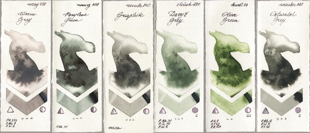 Rosa Gallery 759 Warm Grey, Roman Szmal Aquarius 409 Perylene Green, Royal Talens Rembrandt Watercolour 840 Graphite, Shinhan PWC 690 Davys Grey, Kuretake Gansai Tambi 054 Olive Green, Winsor & Newton Professional 428 Ostwald Gr watercolor swatch