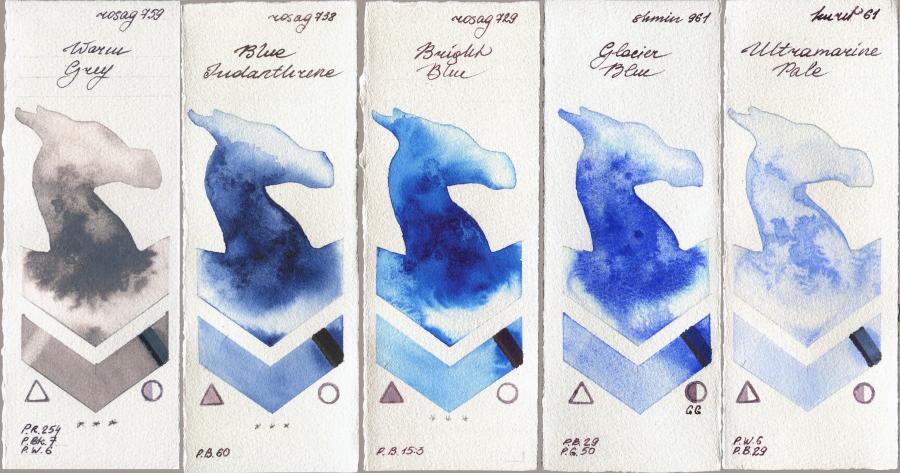 Rosa Gallery 759 Warm Grey vs 738 Blue Indanthrone vs 729 Bright Blue vs Shminke Horadam Aquarell 961 Glacier Blue vs Kuretake Gansai Tambi 61 Ultramatire Pale watercolor swatch