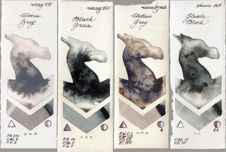 Rosa Gallery 759 Warm Grey vs 760 Black Green vs Roman Szmal Aquarius 262 Urban Grey vs Shminke Horadam Aquarell 965 Glacier Black watercolor swatch