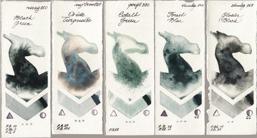 Rosa Gallery 760 Black Green vs Mijello Mission Gold 827 Oxide Turquoise vs Golden QOR 390 Cobalt Green vs Shminke Horadam Aquarell 943 Forest Blue vs 965 Glacier Black watercolor swatch