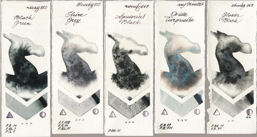 Rosa Gallery 760 Black Green vs Shminke Horadam Aquarell 935 Shire Grey vs Roman Szmal Aquarius 247 Aquarius Black vs Mijello Mission Gold 827 Oxide Turquoise vs 965 Glacier Black watercolor swatch