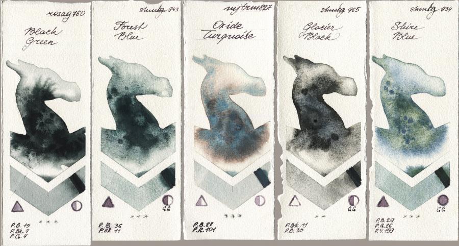 Rosa Gallery 760 Black Green vs Shminke Horadam Aquarell 943 Forest Blue vs Mijello Mission Gold 827 Oxide Turquoise vs 965 Glacier Black vs 934 Shire Blue watercolor swatch