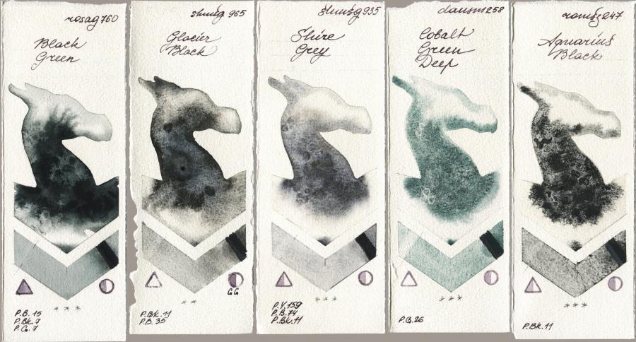 Rosa Gallery 760 Black Green vs Shminke Horadam Aquarell 965 Glacier Black vs 935 Shire Grey vs Daniel Smith 258 Cobalt Green Deep vs Roman Szmal Aquarius 247 Aquarius Black watercolor swatch