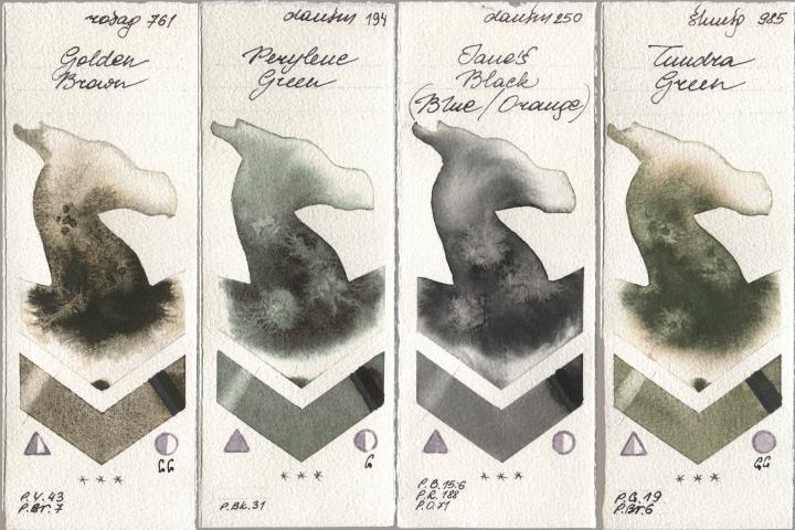 Rosa Gallery 761 Golden Brown, Daniel Smith 194 Perylene Green, 250 Janes Black (Blue/Orange), Shminke Horadam Aquarell 985 Tundra Gre watercolor swatch