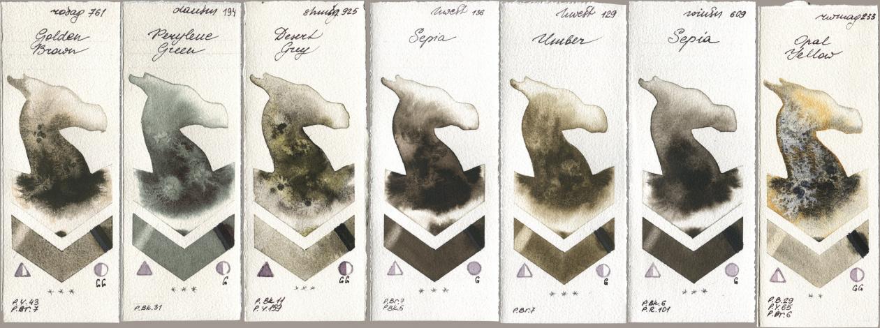 Rosa Gallery 761 Golden Brown, Daniel Smith 194 Perylene Green, Shminke Horadam Aquarell 925 Desert Grey, Holbein Artists Watercolor 136 Sepia, 129 Umber, Winsor & Newton Professional 609 Sepia, Rockwell 233 Opal Yell watercolor swatch