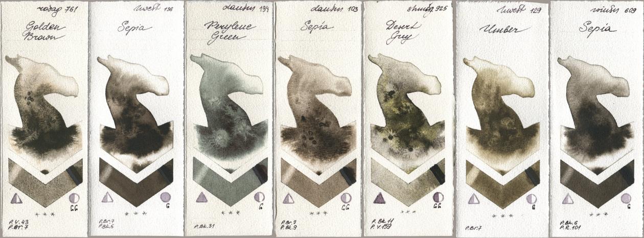 Rosa Gallery 761 Golden Brown, Holbein Artists Watercolor 136 Sepia, Daniel Smith 194 Perylene Green, 103 Sepia, Shminke Horadam Aquarell 925 Desert Grey, 129 Umber, Winsor & Newton Professional 609 Sep watercolor swatch