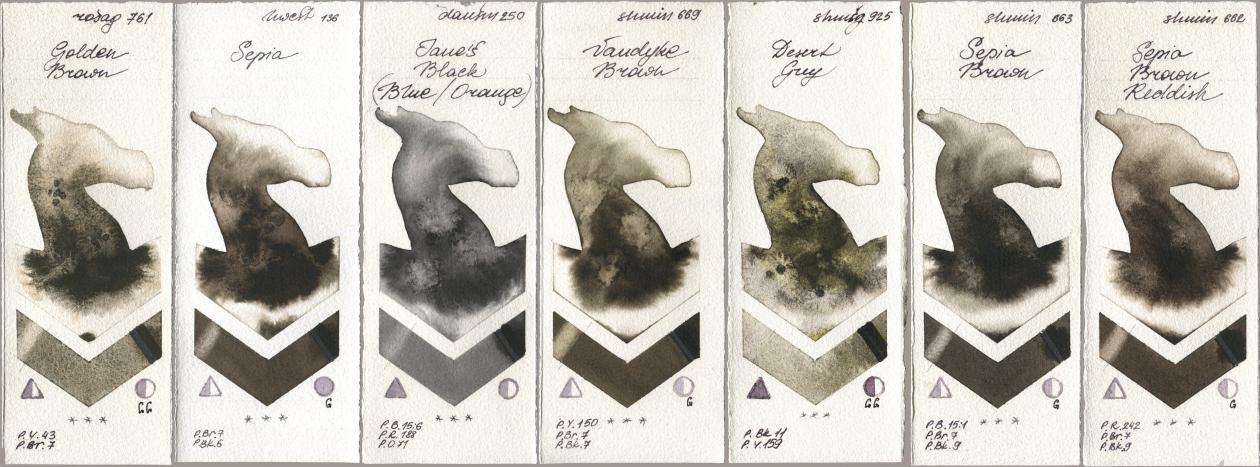 Rosa Gallery 761 Golden Brown, Holbein Artists Watercolor 136 Sepia, Daniel Smith 250 Janes Black (Blue/Orange), Shminke Horadam Aquarell 669 Vandyke Brown, 925 Desert Grey, 663 Sepia Brown, 662 Sepia Brown Reddi watercolor swatch