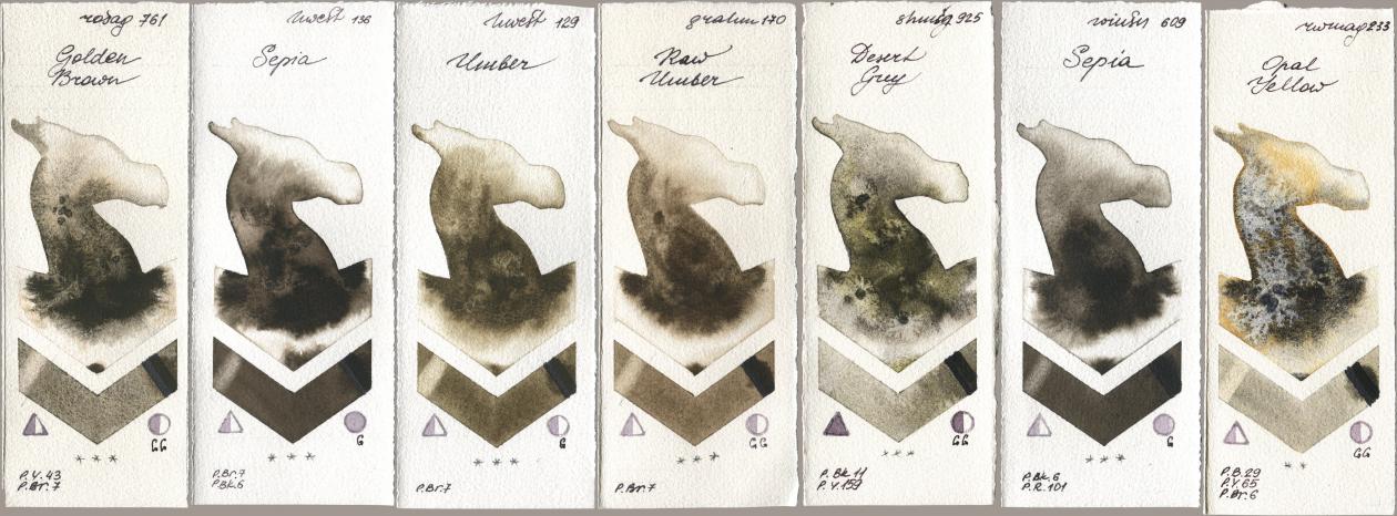 Rosa Gallery 761 Golden Brown, Holbein Artists Watercolor 136 Sepia, 129 Umber, M. Graham & Co. Artists 170 Raw Umber, Shminke Horadam Aquarell 925 Desert Grey, Winsor & Newton Professional 609 Sepia, Rockwell 233 Opal Yell watercolor swatch