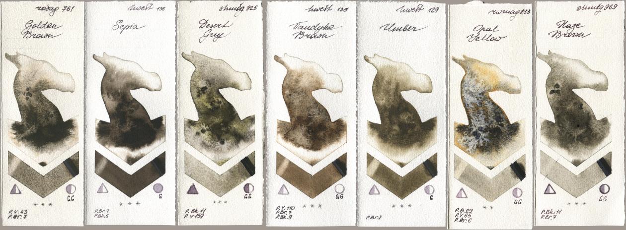 Rosa Gallery 761 Golden Brown, Holbein Artists Watercolor 136 Sepia, Shminke Horadam Aquarell 925 Desert Grey, 139 Vandyke Brown, 129 Umber, Rockwell 233 Opal Yellow, 969 Haze Bro watercolor swatch