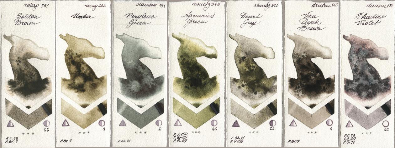 Rosa Gallery 761 Golden Brown, 722 Umber, Daniel Smith 194 Perylene Green, Roman Szmal Aquarius 346 Aquarius Green, Shminke Horadam Aquarell 925 Desert Grey, 110 Van Dyck Brown, 188 Shadow Viol watercolor swatch