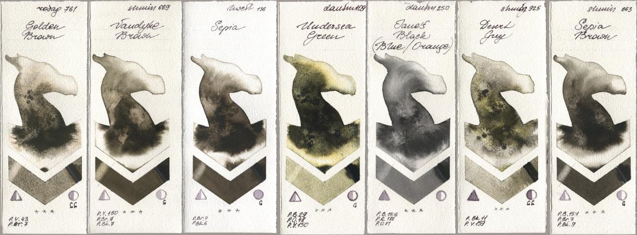 Rosa Gallery 761 Golden Brown, Shminke Horadam Aquarell 669 Vandyke Brown, Holbein Artists Watercolor 136 Sepia, Daniel Smith 109 Undersea Green, 250 Janes Black (Blue/Orange), 925 Desert Grey, 663 Sepia Bro watercolor swatch