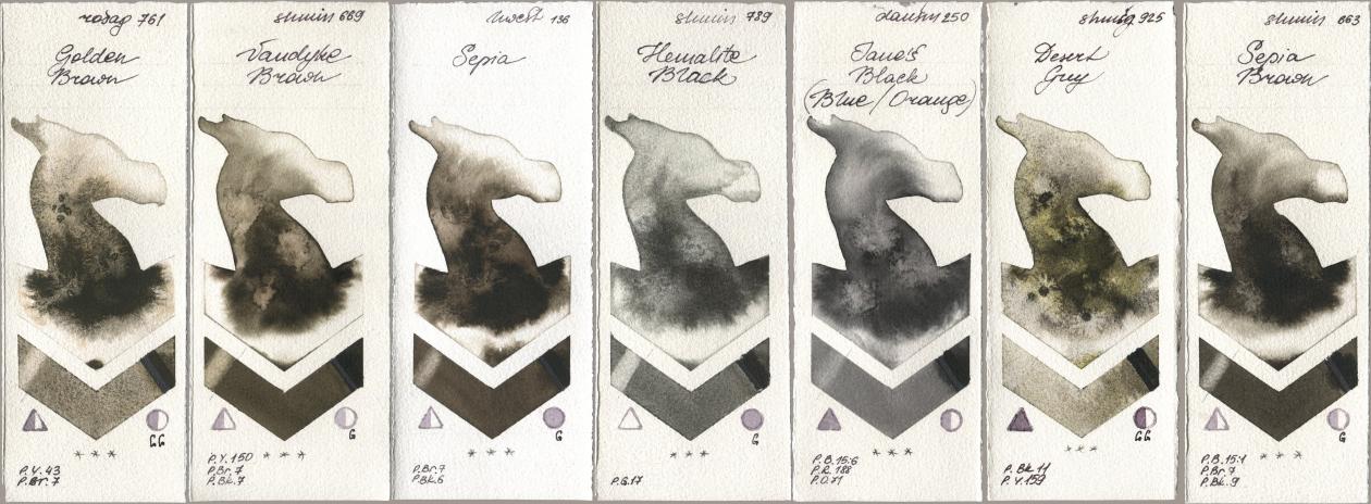 Rosa Gallery 761 Golden Brown, Shminke Horadam Aquarell 669 Vandyke Brown, Holbein Artists Watercolor 136 Sepia, 789 Hematite Black, Daniel Smith 250 Janes Black (Blue/Orange), 925 Desert Grey, 663 Sepia Bro watercolor swatch