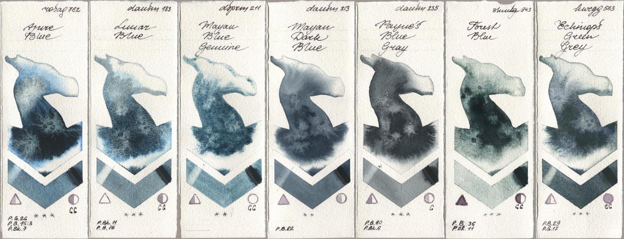 Rosa Gallery 762 Azure Blue, Daniel Smith 183 Lunar Blue, 211 Mayan Blue Genuine, 213 Mayan Dark Blue, 235 Paynes Blue Gray, Shminke Horadam Aquarell 943 Forest Blue, Holbein Artists Watercolor 563 Echinops Green Gr watercolor swatch
