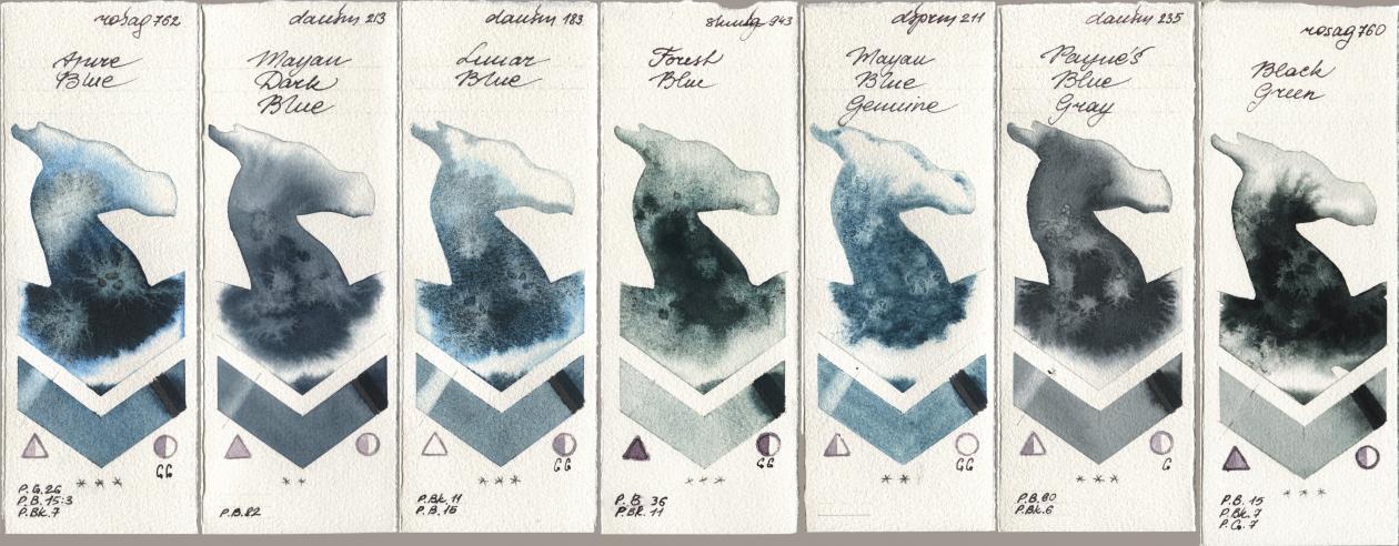 Rosa Gallery 762 Azure Blue, Daniel Smith 213 Mayan Dark Blue, 183 Lunar Blue, Shminke Horadam Aquarell 943 Forest Blue, 211 Mayan Blue Genuine, 235 Paynes Blue Gray, 760 Black Gre watercolor swatch