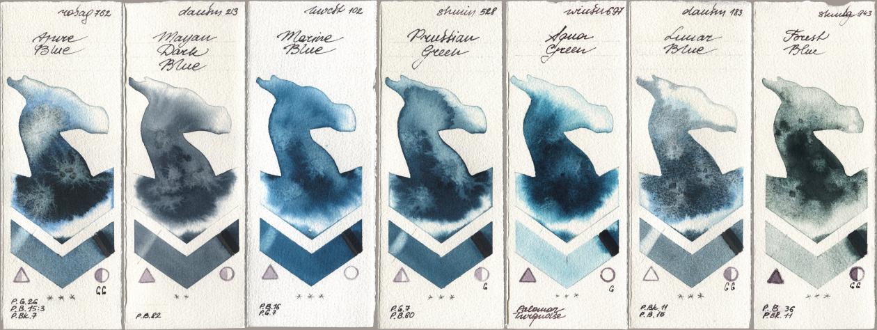 Rosa Gallery 762 Azure Blue, Daniel Smith 213 Mayan Dark Blue, Holbein Artists Watercolor 102 Marine Blue, Shminke Horadam Aquarell 528 Prussian Green, Winsor & Newton Professional 697 Aqua Green, 183 Lunar Blue, 943 Forest Bl watercolor swatch