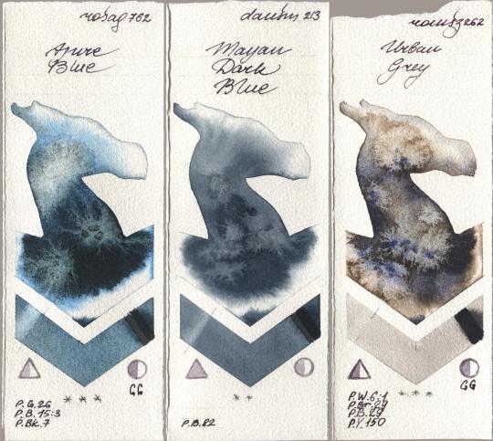 Rosa Gallery 762 Azure Blue, Daniel Smith 213 Mayan Dark Blue, Roman Szmal Aquarius 262 Urban Gr watercolor swatch