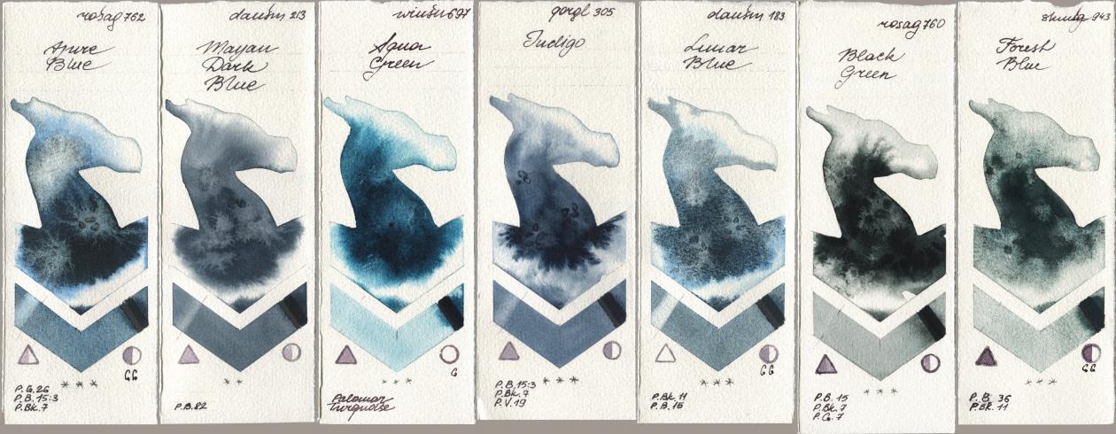 Rosa Gallery 762 Azure Blue, Daniel Smith 213 Mayan Dark Blue, Winsor & Newton Professional 697 Aqua Green, Golden QOR 305 Indigo, 183 Lunar Blue, 760 Black Green, Shminke Horadam Aquarell 943 Forest Bl watercolor swatch